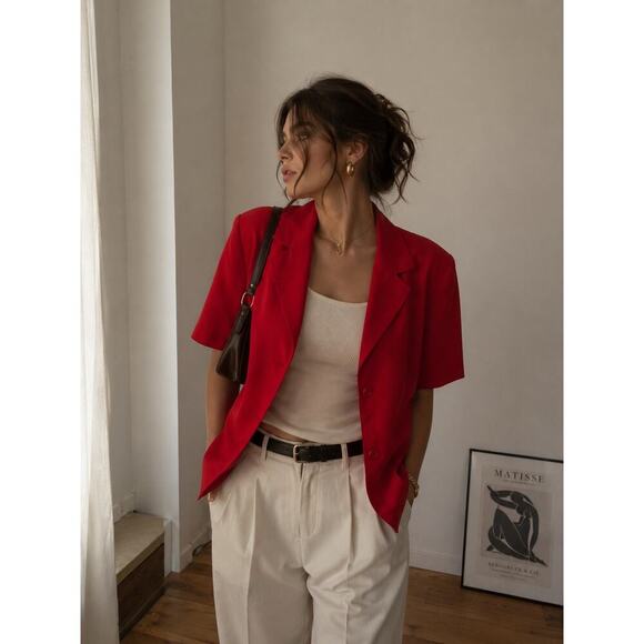 DressBarn Jackets & Blazers - Vintage Dressbarn Red Short Sleeve Blazer Jacket Women’s Petite Career Chic